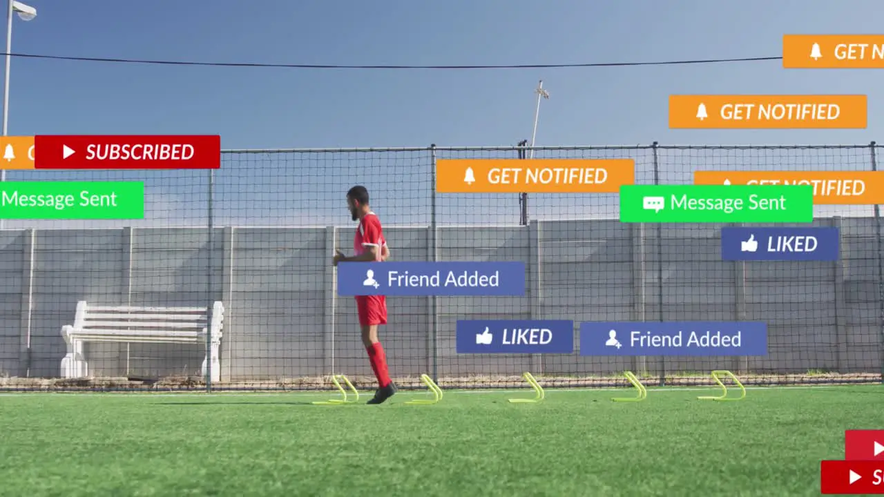 Animation of social media icons against biracial male soccer player training on sports field