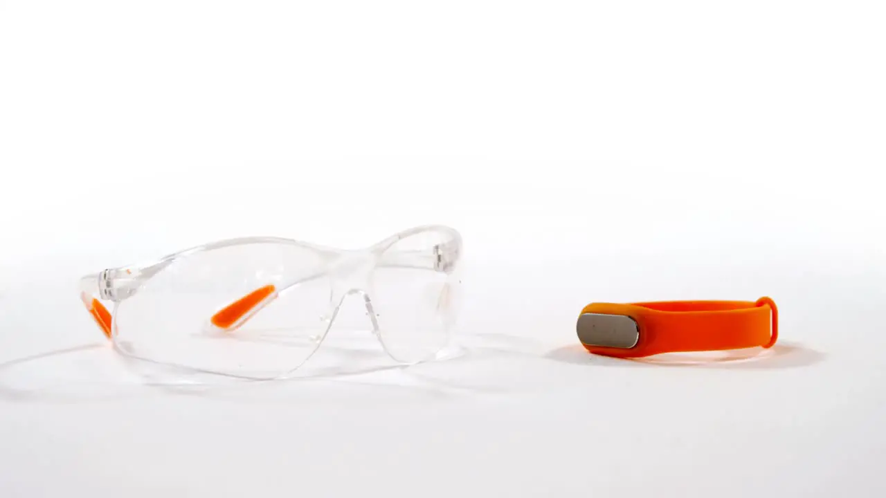 Close-up of protective eyewear and fitness band