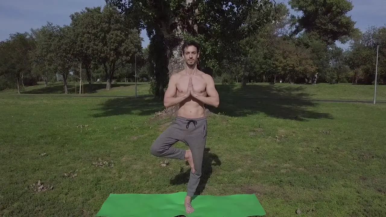 Slim young man doing yoga in the park on the green mat male yogi performs yoga stretching namaste in nature