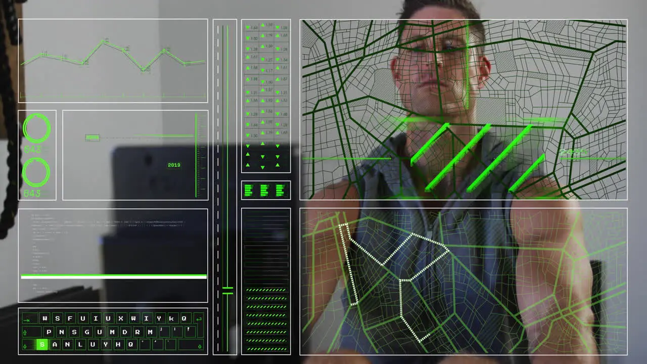 Animation of scanner map and processing data over caucasian man using rowing machine at gym