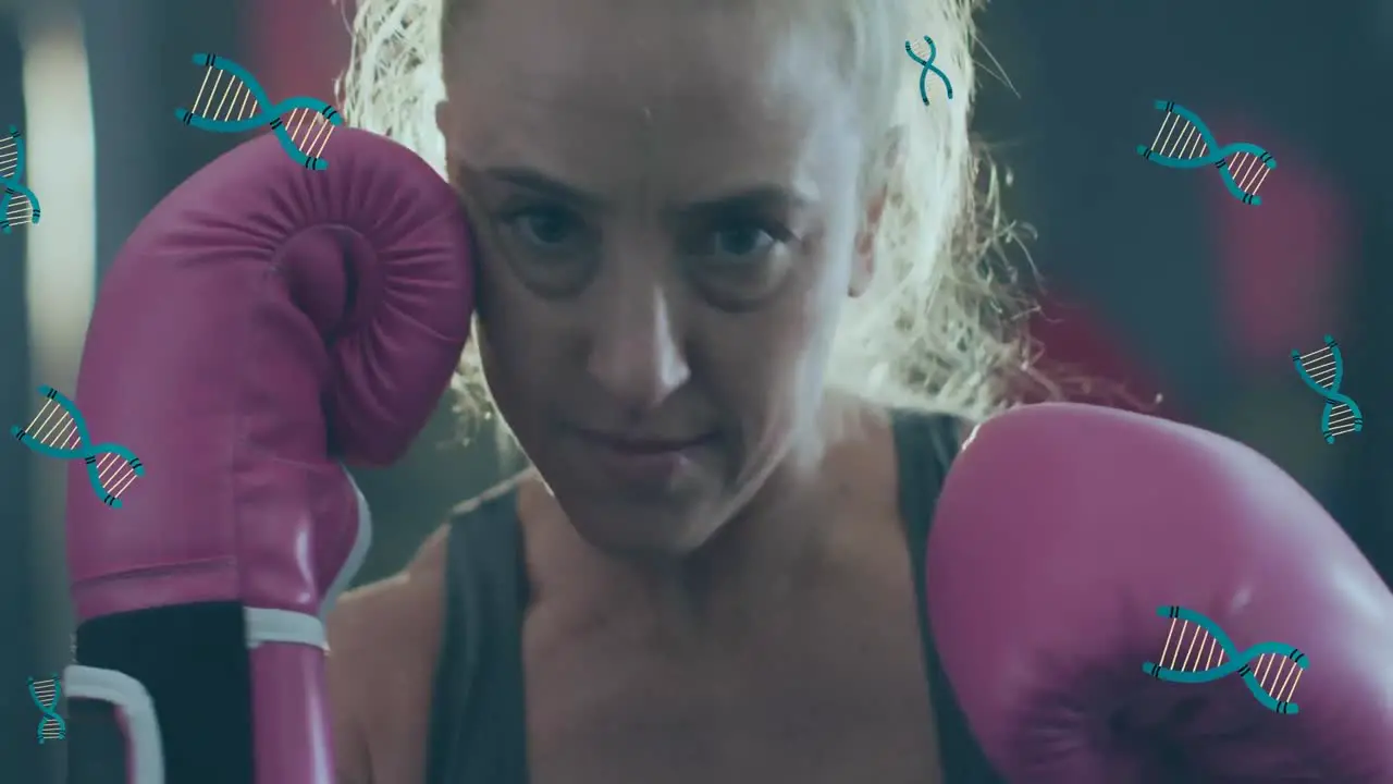 Animation of falling dna strands over boxing woman