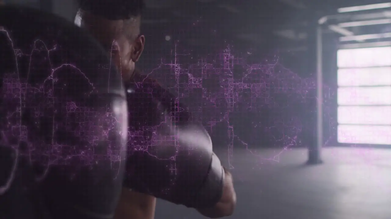 Digital composite video of purple digital waves against male boxer punching a punching bag