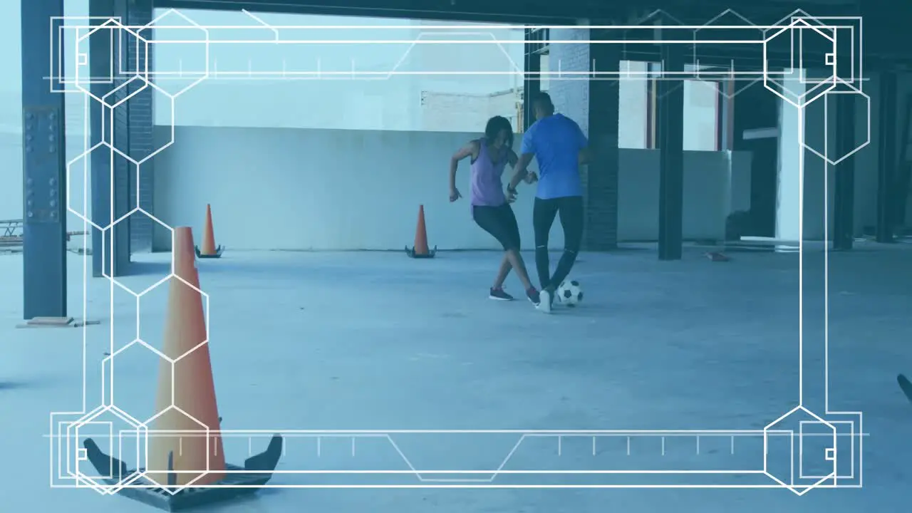 Digital interface with hexagonal shapes against african american woman and man playing soccer