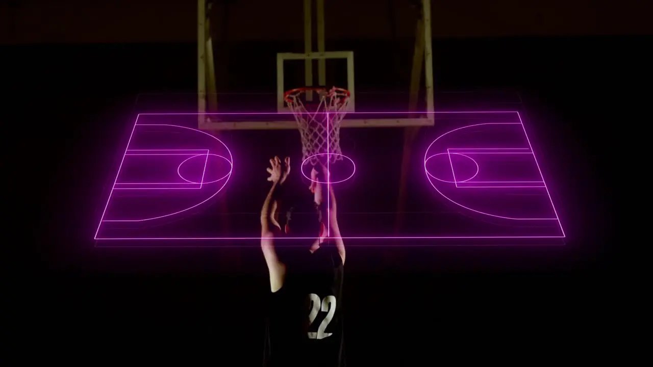 Neon basketball court layout against african american male basketball player practicing basketball