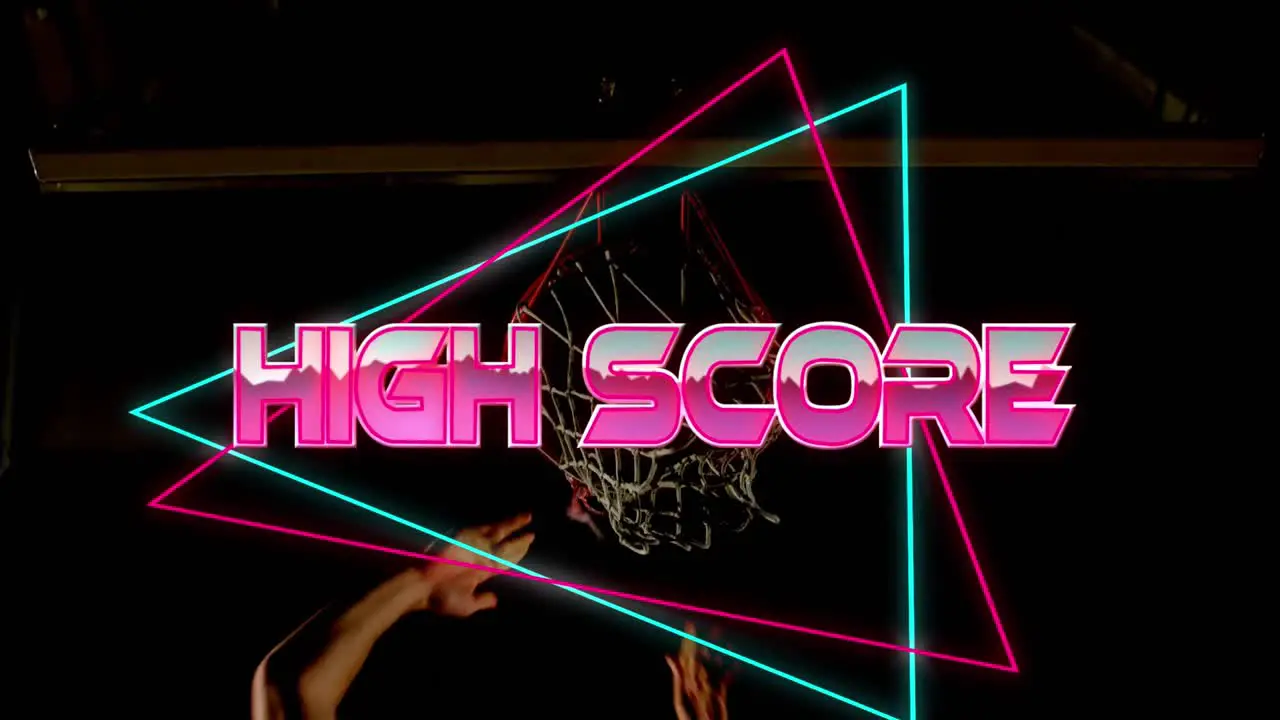 High score text over neon banner against midsection of male basketball player making slam dunk