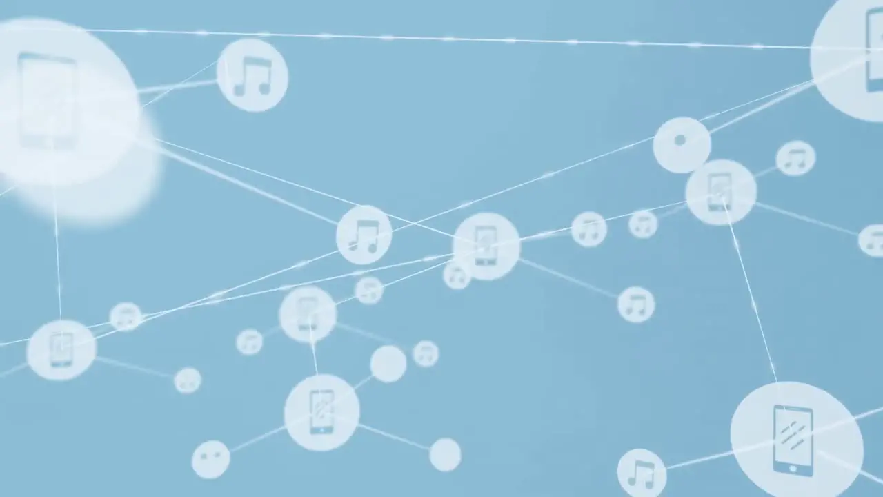 Animation of network of digital icons over rugby players throwing the ball up in the sky at stadium