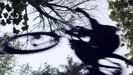 Low Angle Shot Of Man On Mountain Bike Jumping Over Camera Riding Through Woodland