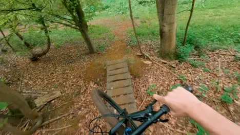 POV Shot Of Man On Mountain Bike Riding Along Dirt Trail Through Woodland