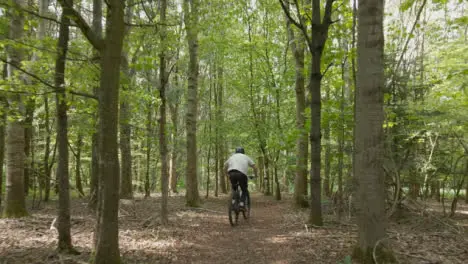 Drone Tracking Man On Mountain Bike Cycling Along Trail Through Countryside And Woodland 