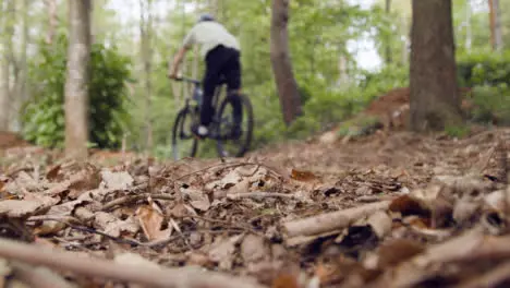 Man On Mountain Bike Cycling Along Trail Through Countryside And Woodland With Leaves In Foreground