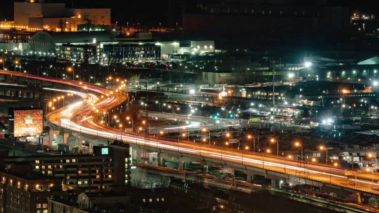 Night timelapse of a busy highway in downtown Toronto