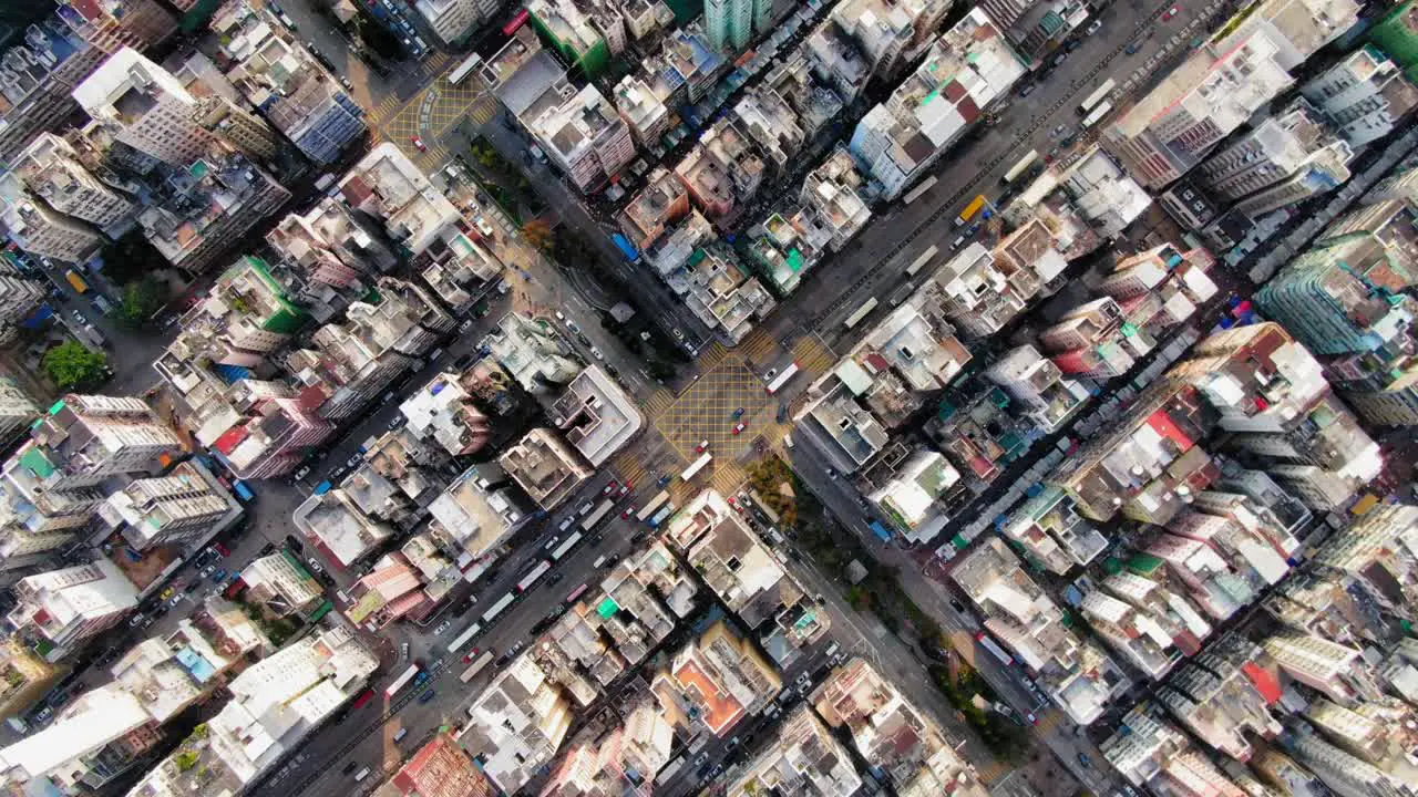 Downtown Hong Kong buildings Crosswalk and traffic High altitude aerial view