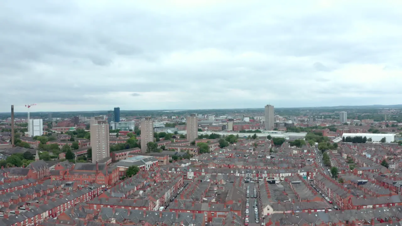 Rising drone shot of Leicester UK suburbs