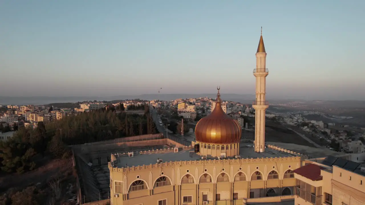 Drone Flying Above Nebi Saeen Mosque Nazareth Israel at Sunset