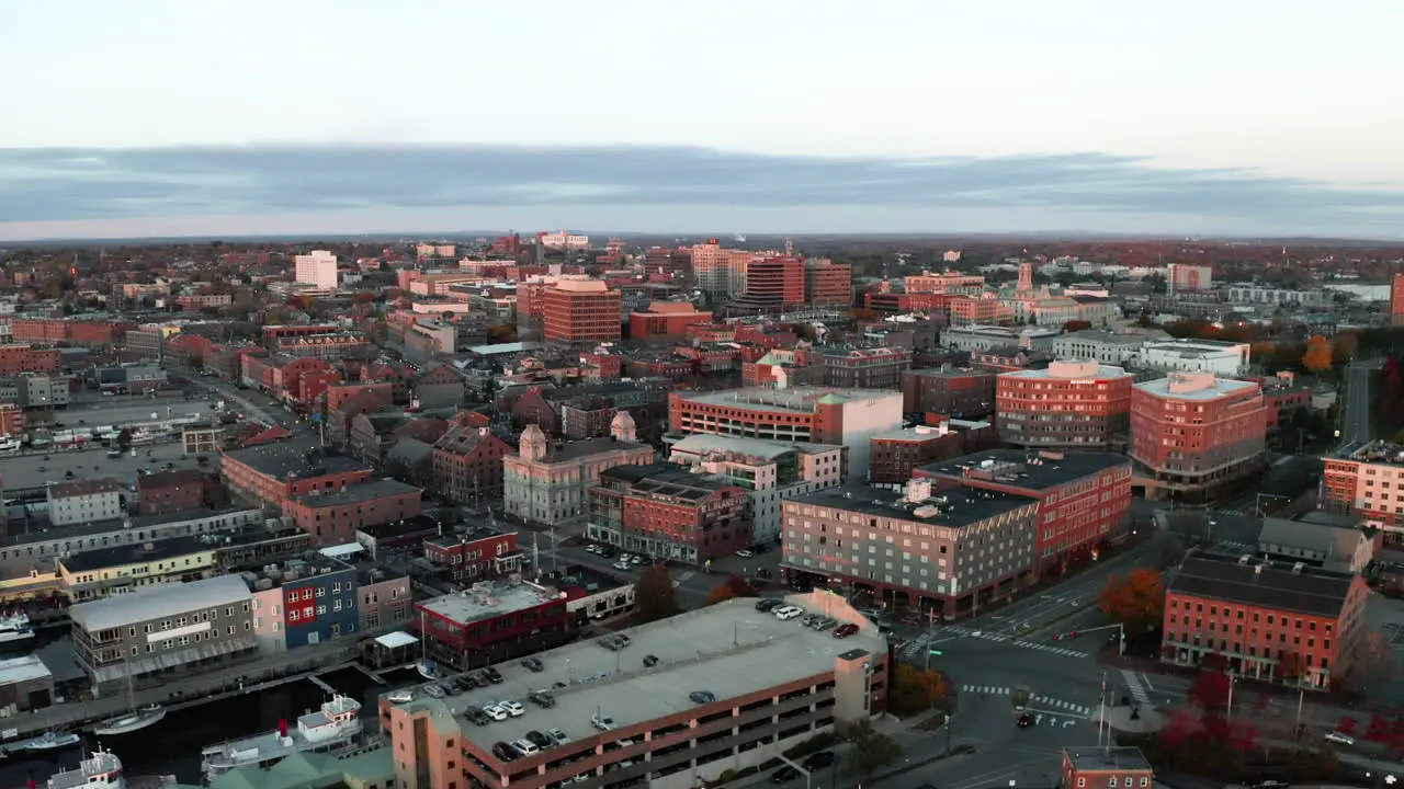 Aerial skyline shot of Portland Maine in warm morning sunlight