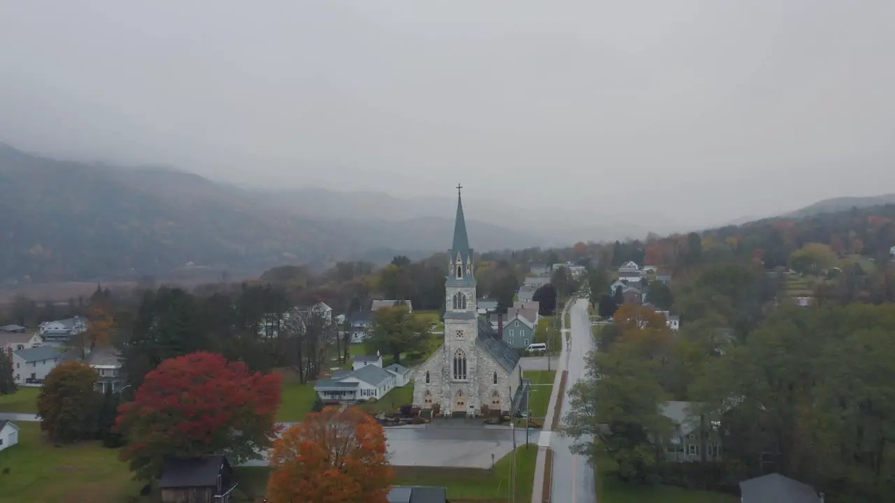 aerial church new england foggy day mountians new york vermont drone