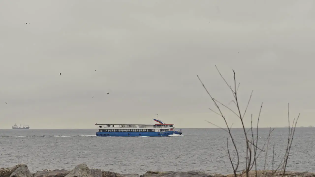 foggy weather in autumn while the ferry goes on the sea in Istanbul