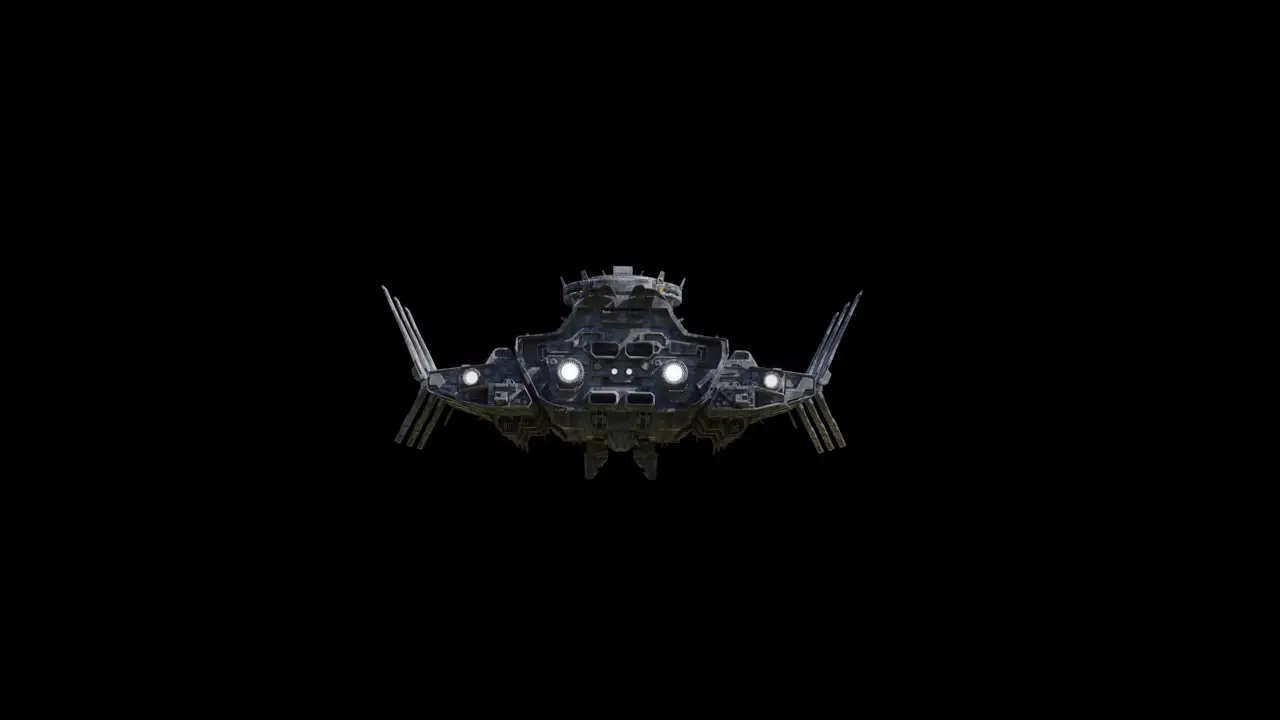 Giant spaceship flying straight back side view black background suitable for overlay with alpha channel matte blending option seamless integration into various sci-fi concepts and scenes