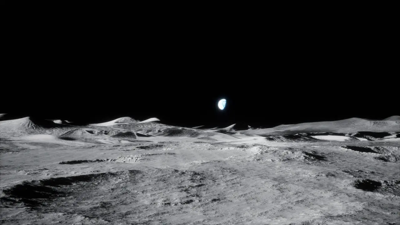 4k slow wide forwards dolly shot of moon lunar landscape with earth just above horizon