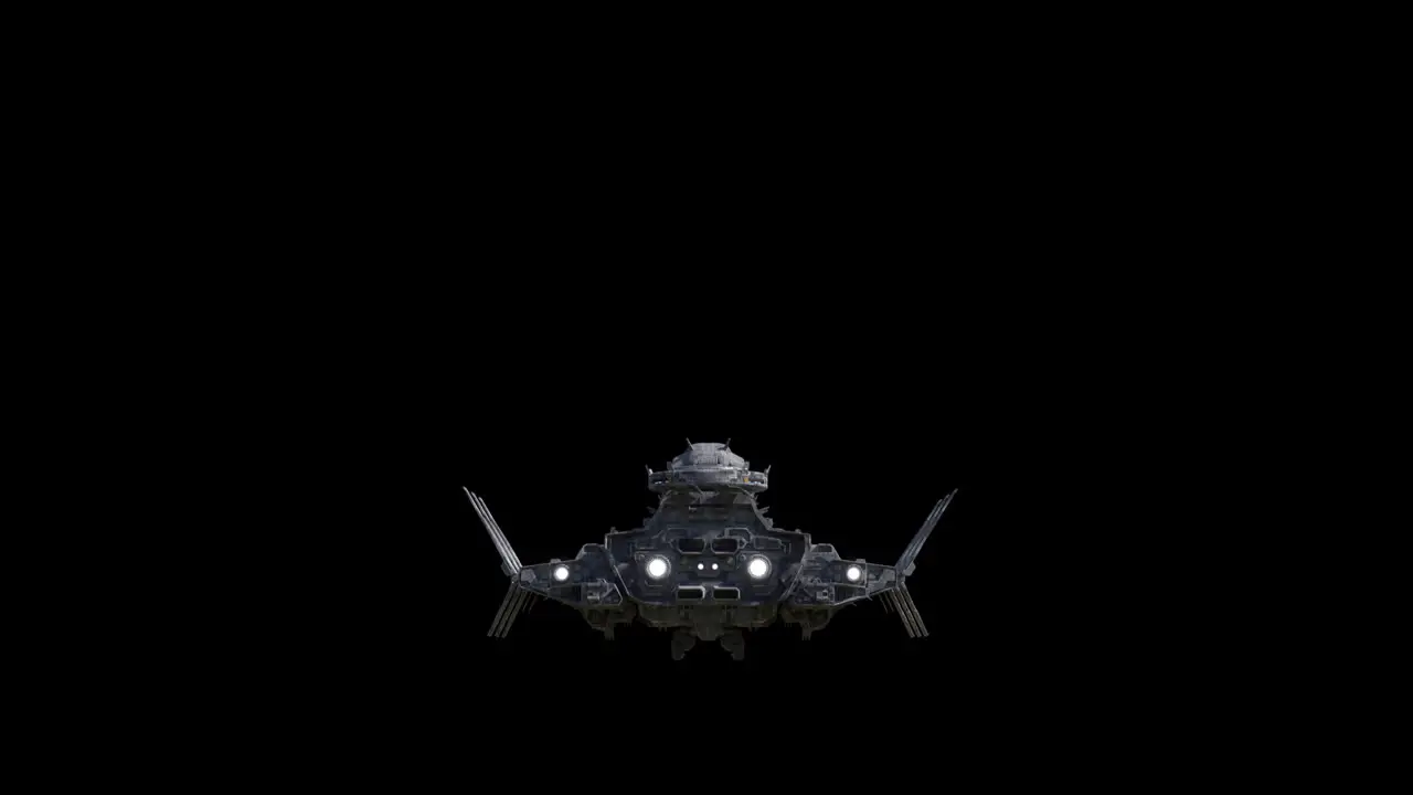 Giant spaceship landing back view black background suitable for overlay with alpha channel matte blending option seamless integration into various sci-fi concepts and scenes