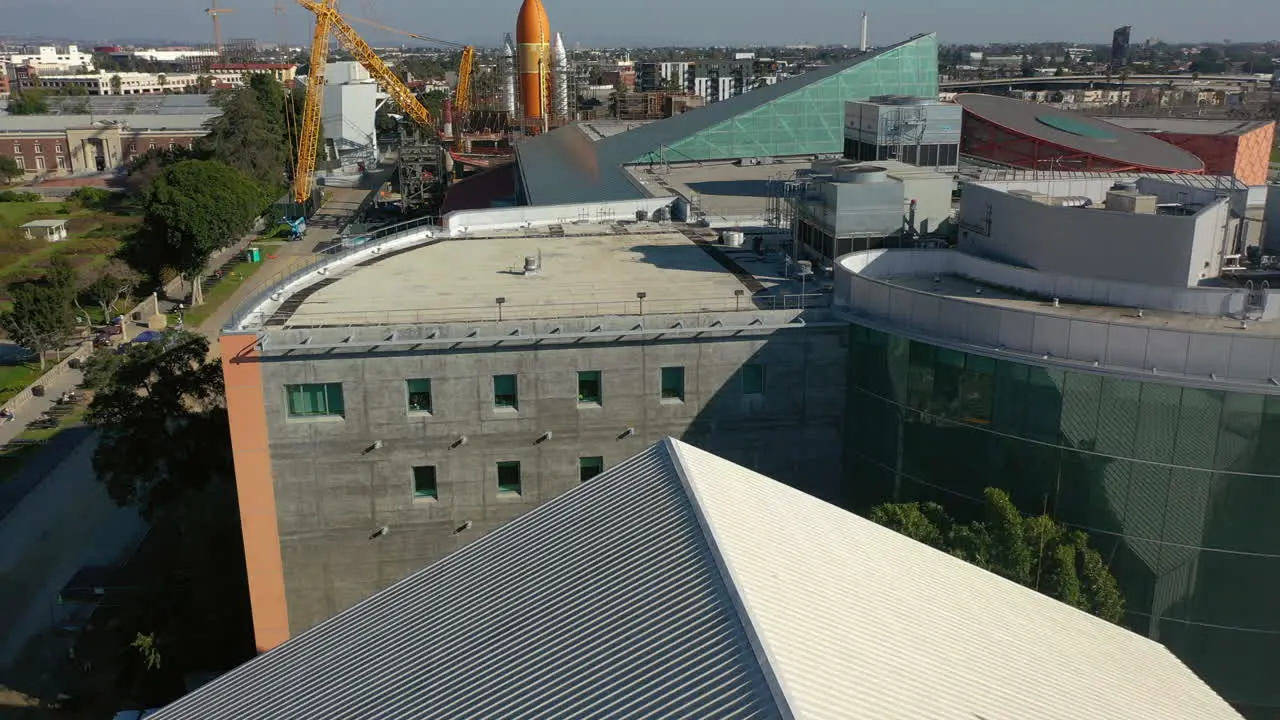 Aerial view over the Endeavour Space shuttle and toward the rocket at a the California Science Center in LA