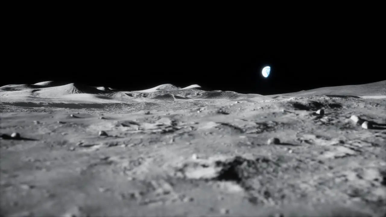 4k high detail wide sideways slider dolly shot of moon lunar landscape with earth just above horizon