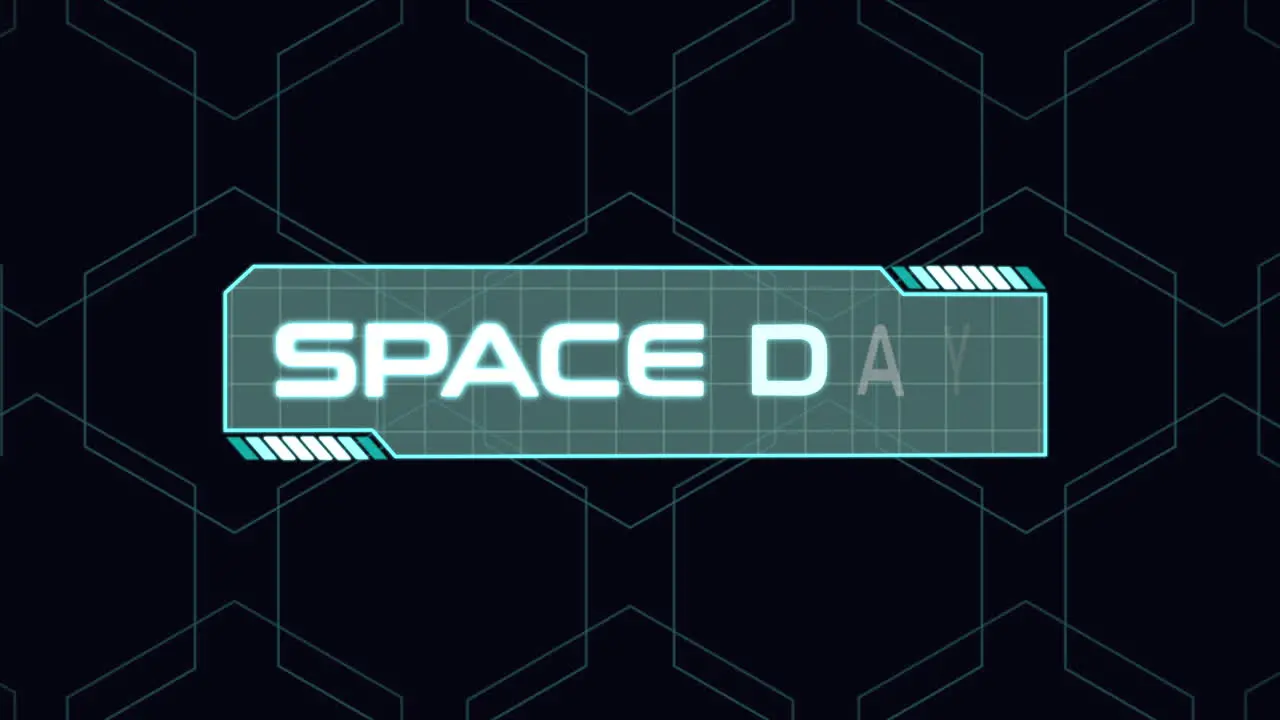 Futuristic Space Day sign with neon green and blue outlined letters