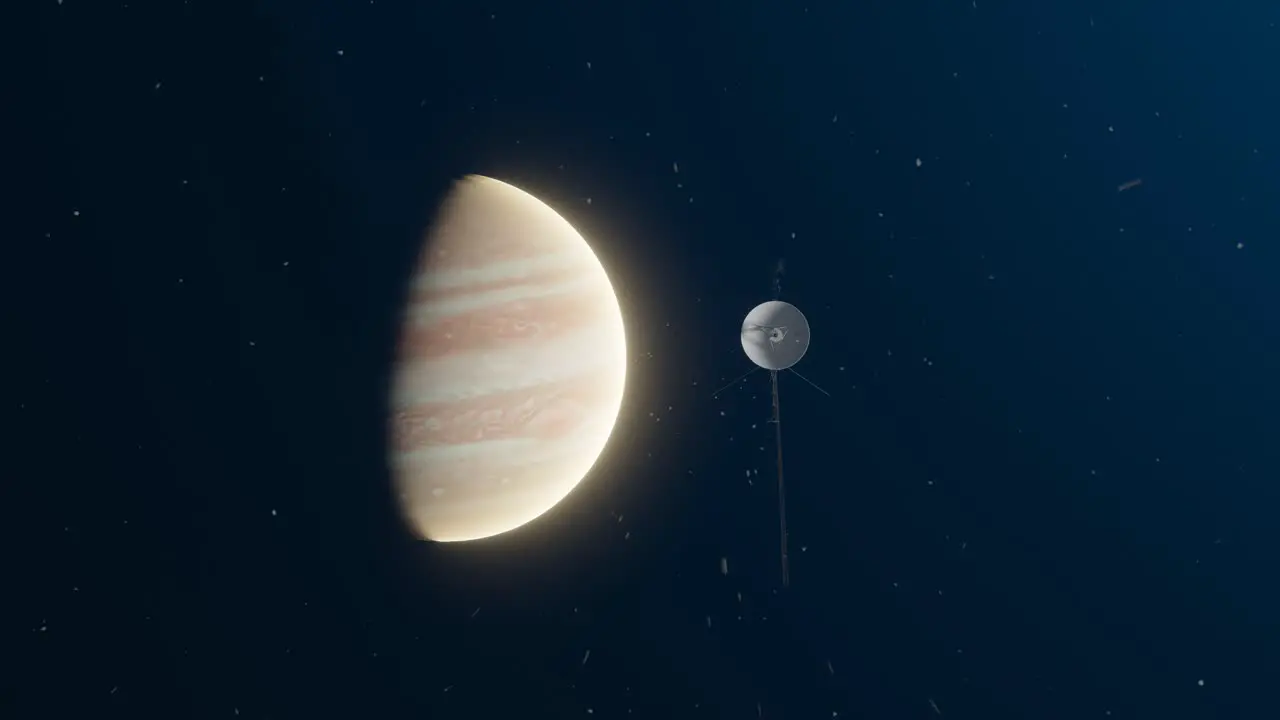 3D animation showing the Voyager space probe flying past on its way to Jupiter