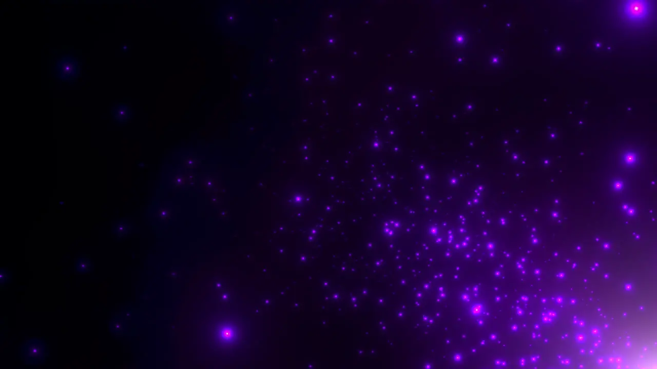 Cinematic purple stars fields and flying glitters in galaxy