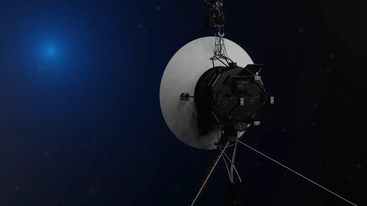 3D animation showing the Voyager space probe in deep space