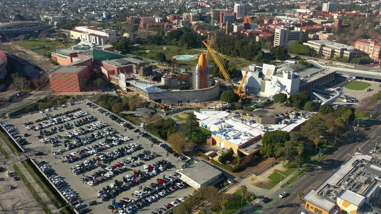 Space rocket at a the California Science Center in LA USA pull back drone shot