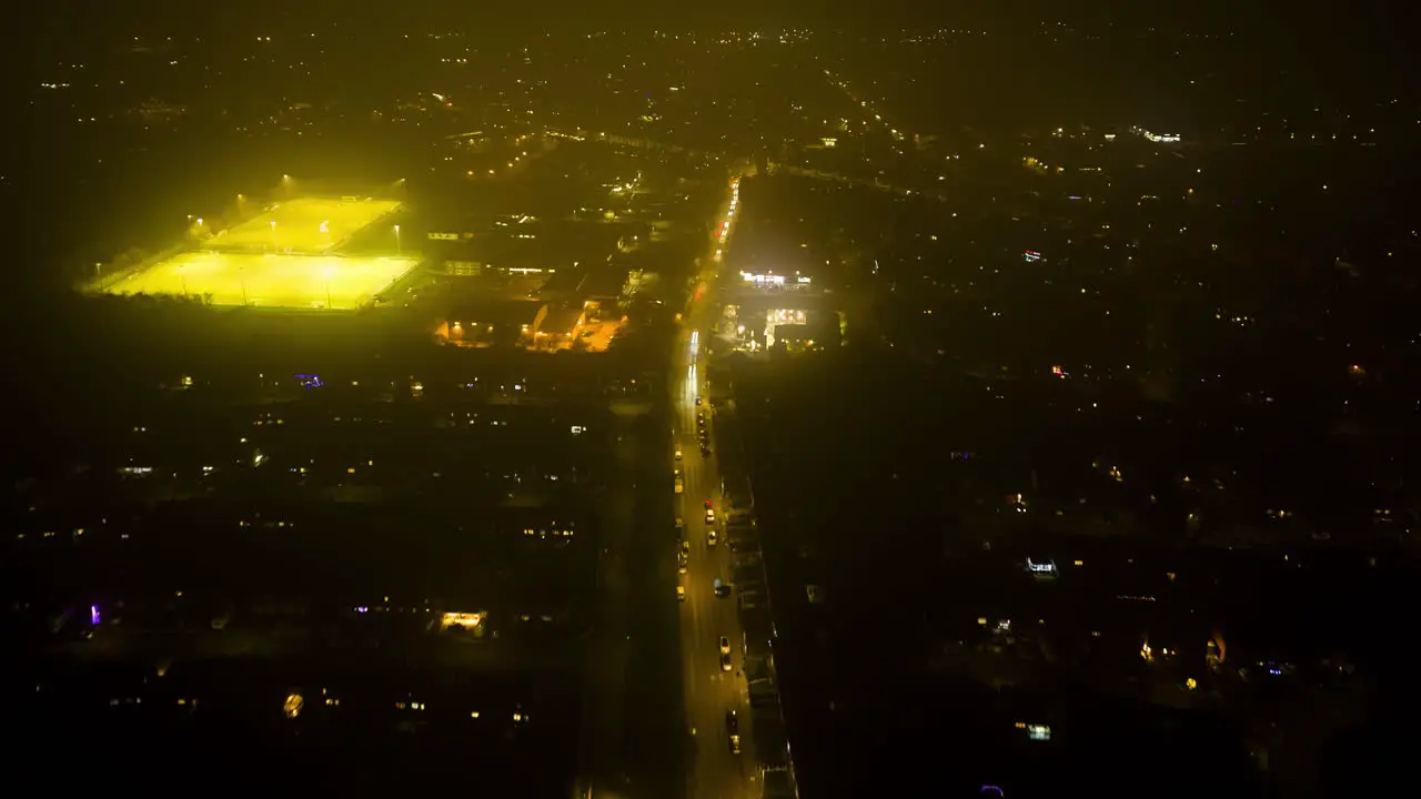 Drone Hyperlapse of rush hour traffic in manchester england on a foggy night