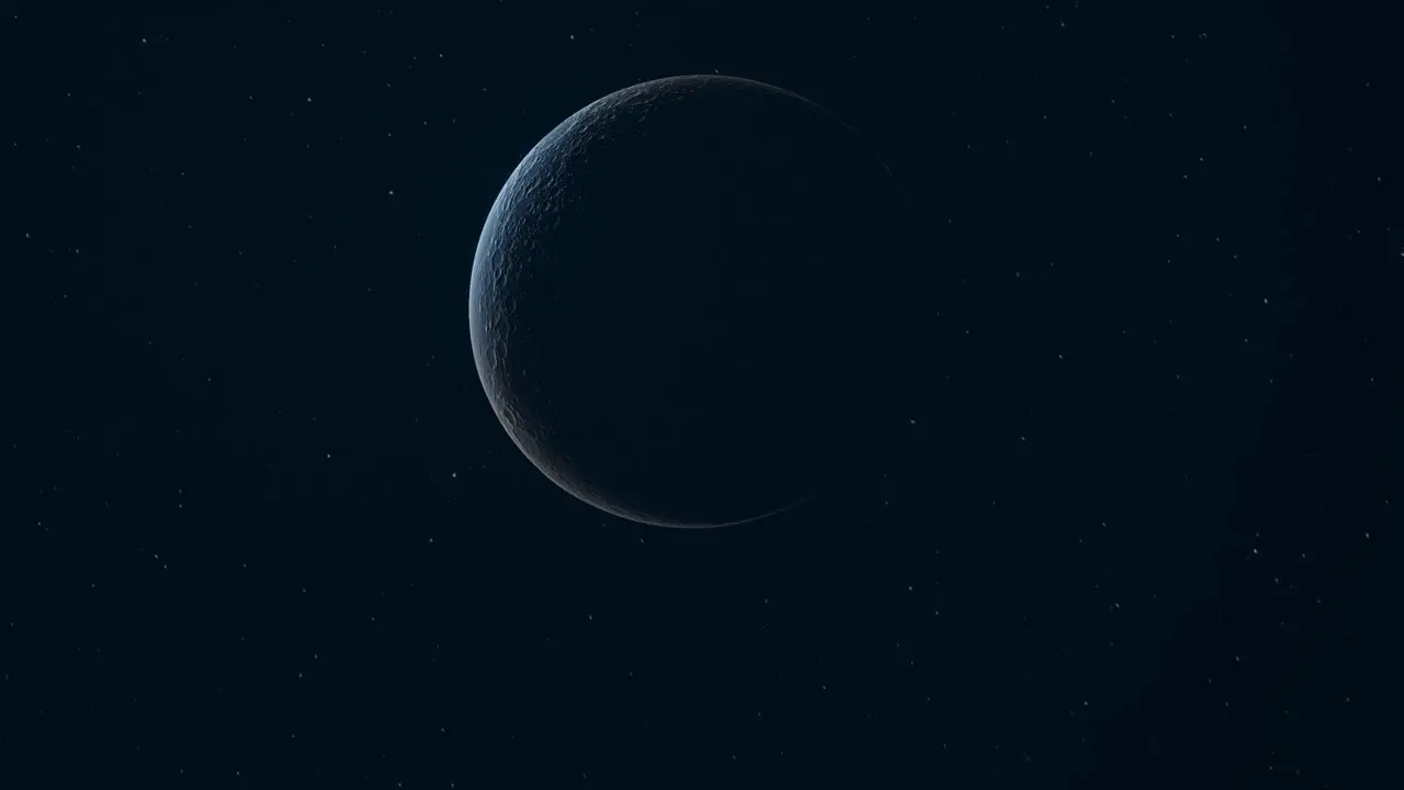 3D Animation showing a crescent Moon dimly lit in space