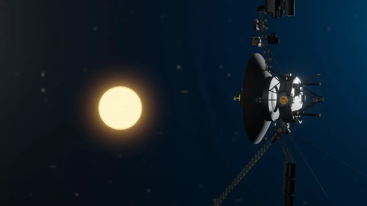 3D animation showing the Voyager space probe flying through space witht he Sun in the background