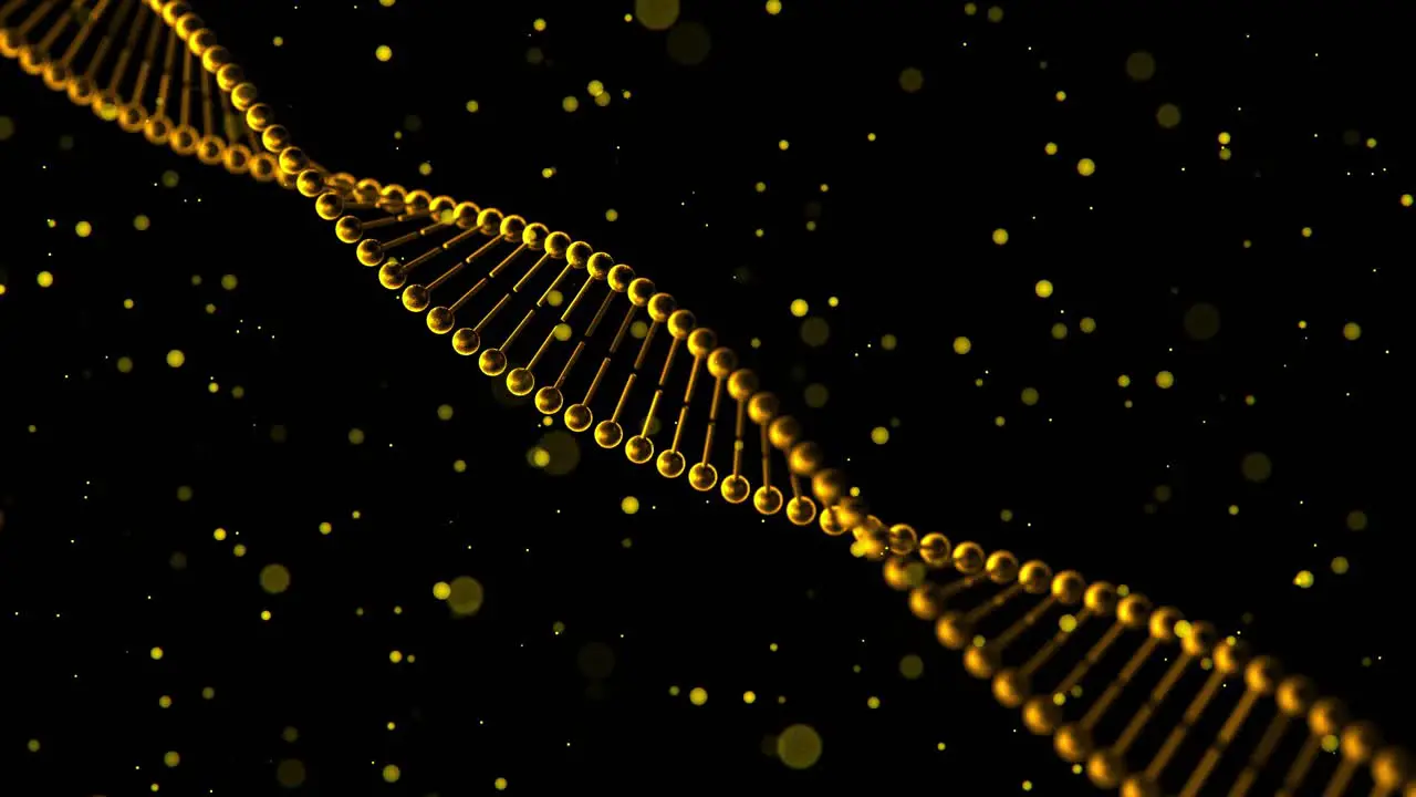 3D animation of rotating golden colored DNA strands with floating gold particles on black background