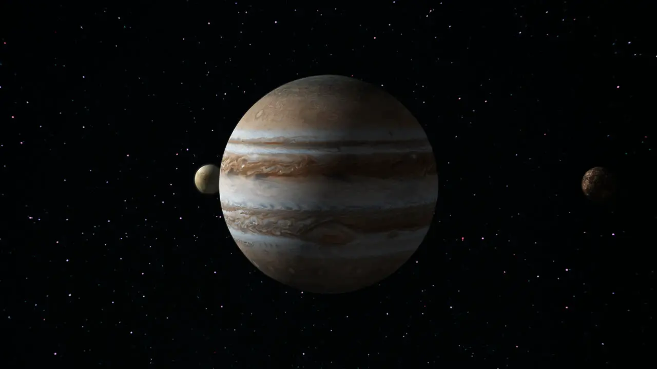 A VFX animation of Jupiter rotating in space with its moons Europa and Callisto