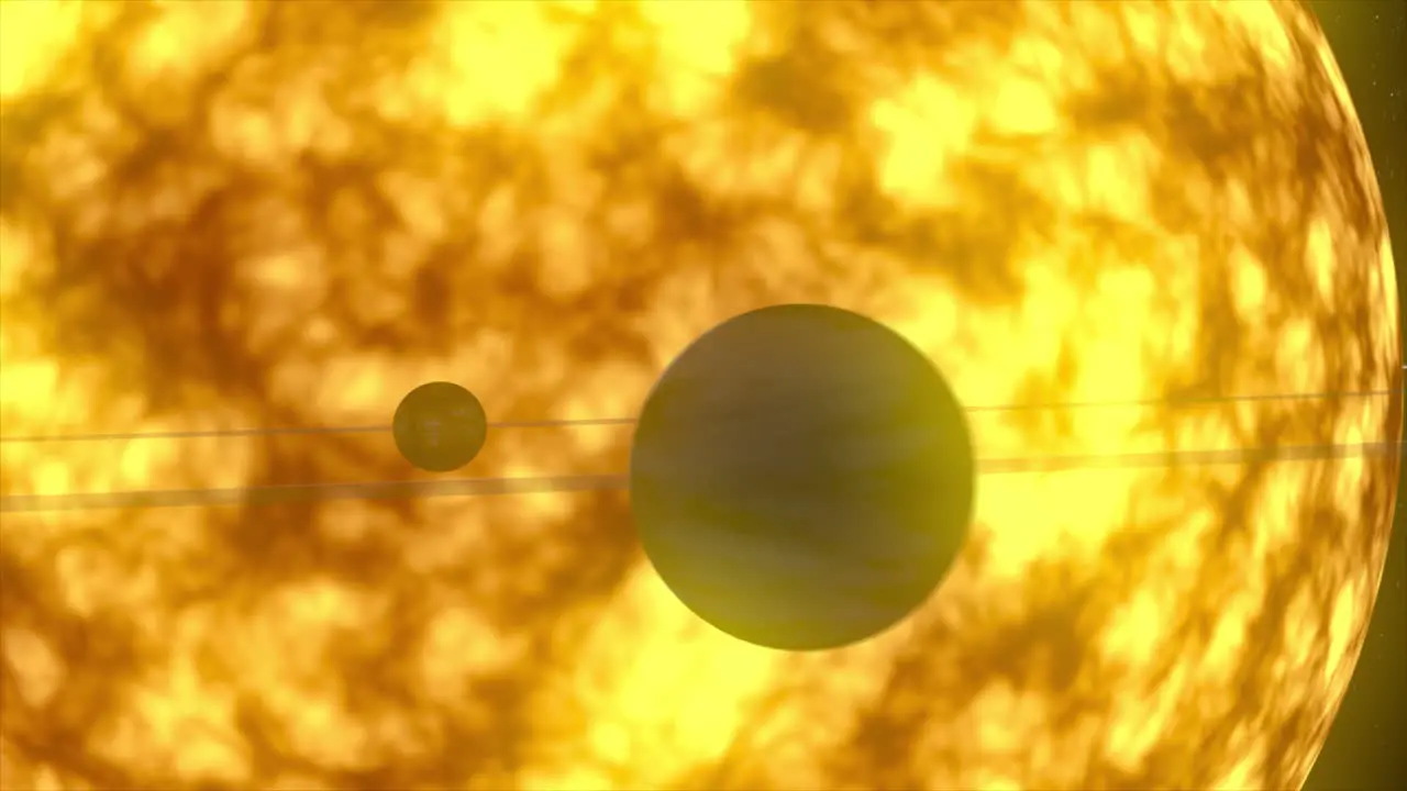 Highly detailed animated 3D flyby through the solar system with unlabelled planets in order in orbit around the Sun