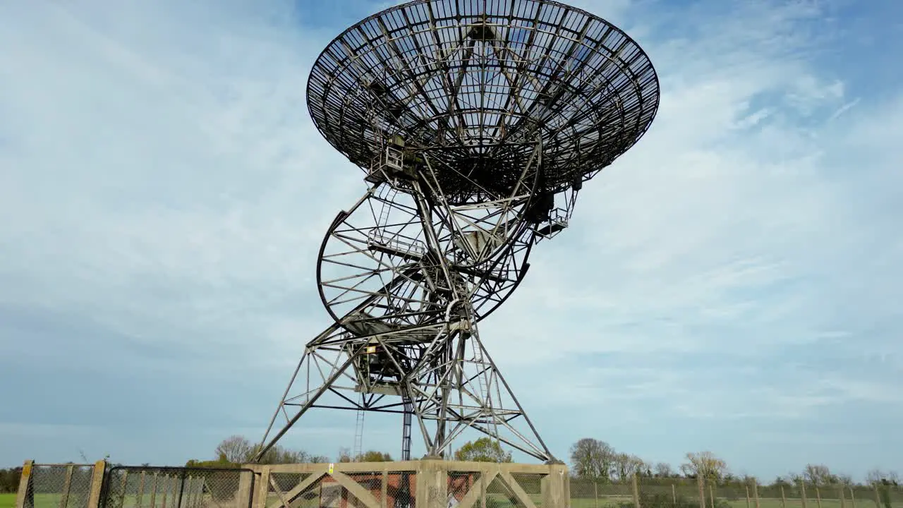 Low angle under MRAO Mullard radio observatory telescope dish close up