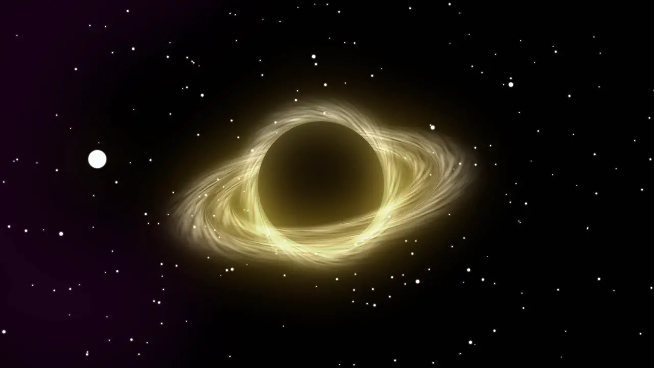 Animated black hole in outer space with spinning yellow planetary rings