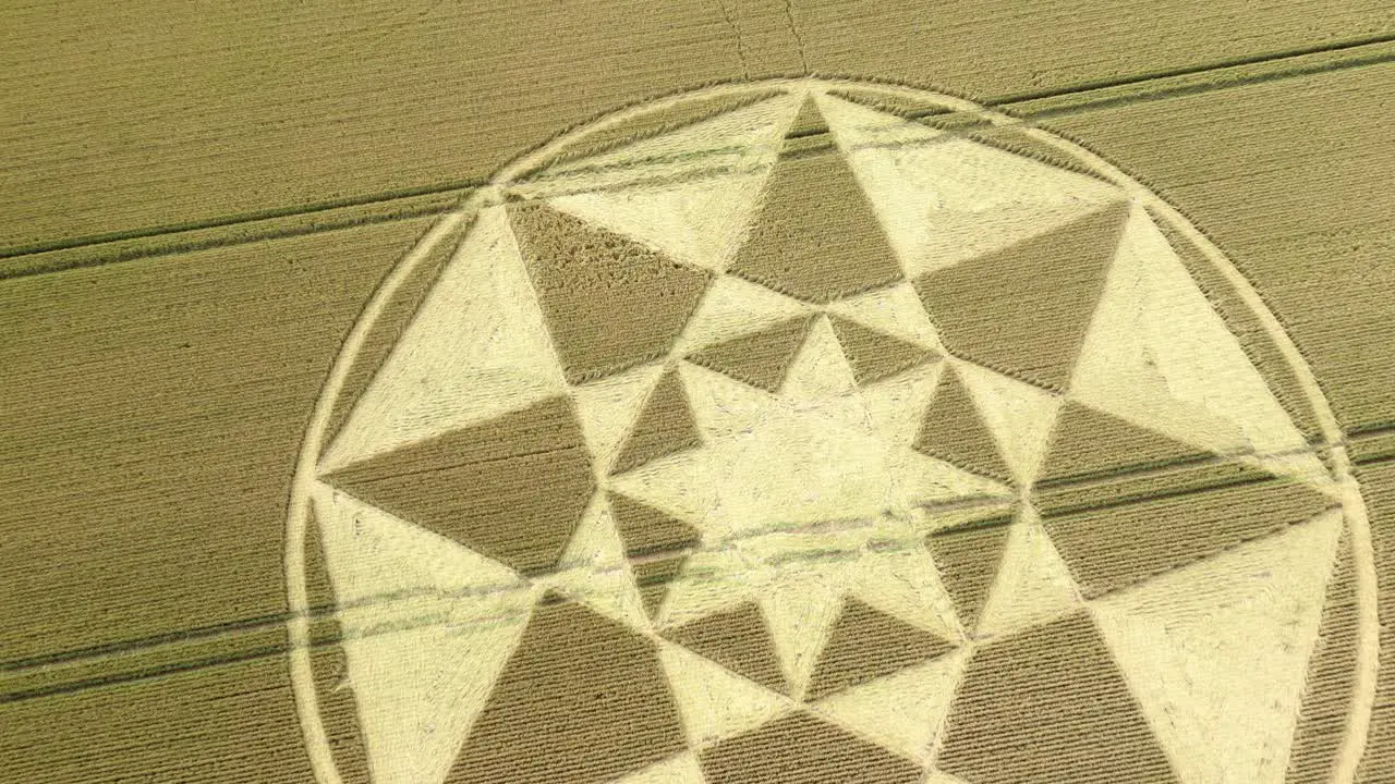 Aerial view descending towards Micheldever 2023 star shaped crop circle formation on golden Hampshire wheat field