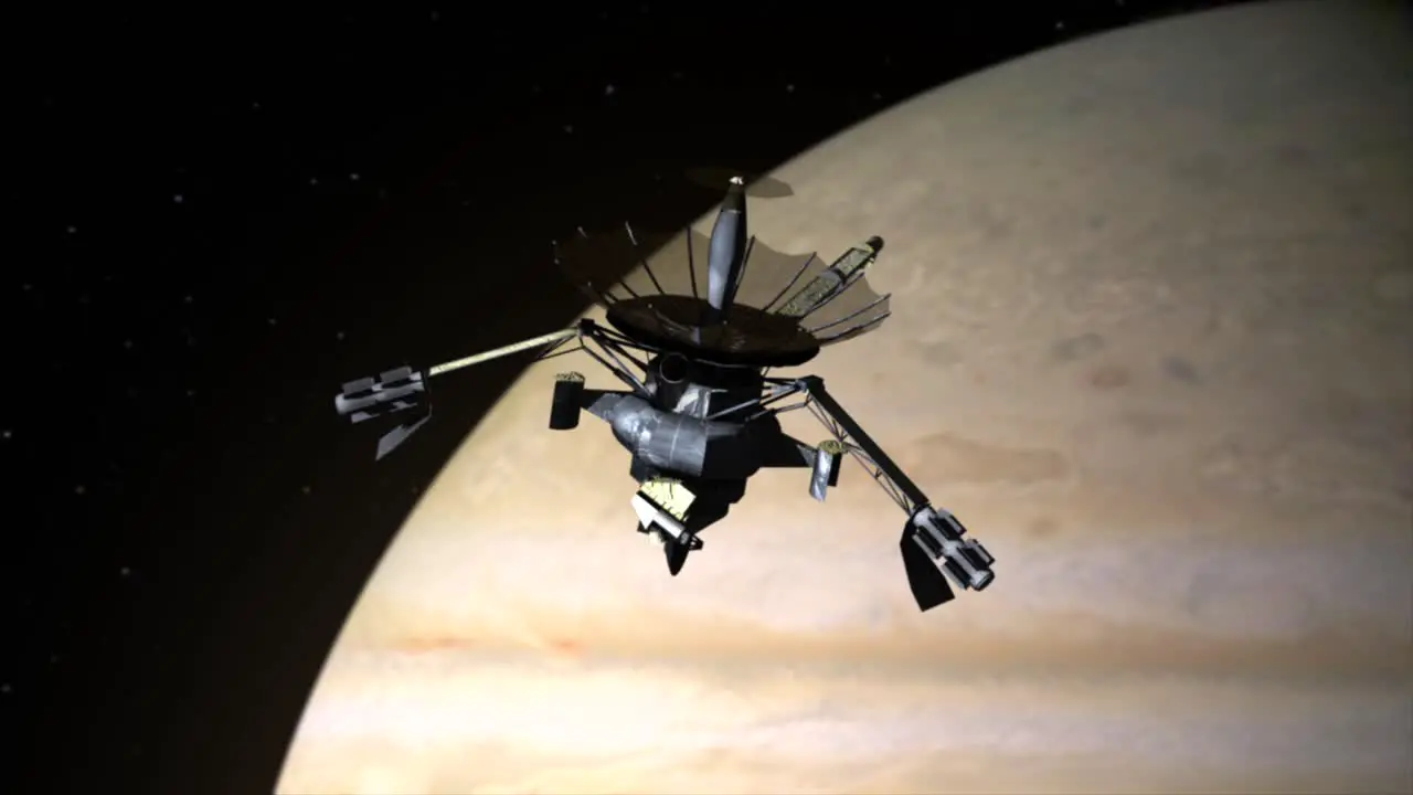 Photo realistic 3D CGI animated render of the Galileo orbiter spacecraft in orbit around the planet Jupiter as it spins slowly and as we push in closer to the famous probe