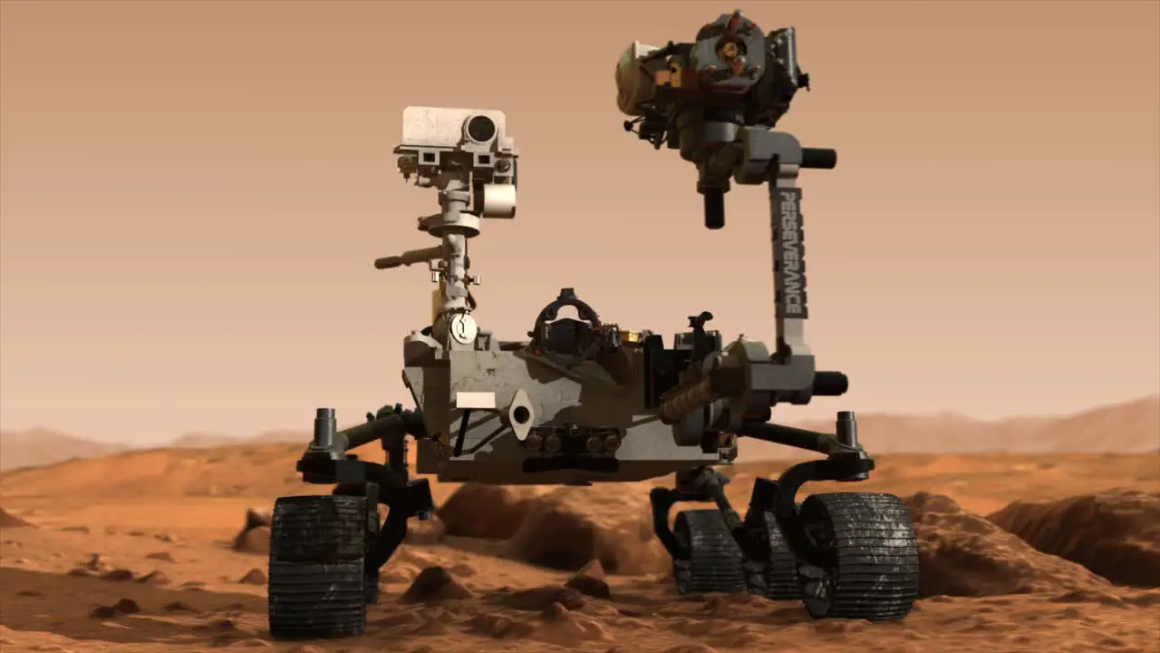 Highly photo-realistic 3D CGI animated render of a smooth orbiting shot of the Mars Perseverance rover stationary on the rocky surface of the planet Mars