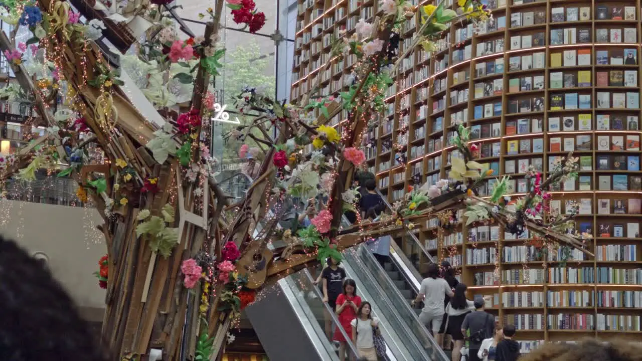 Close up of the tree attraction with escalators and books in the background