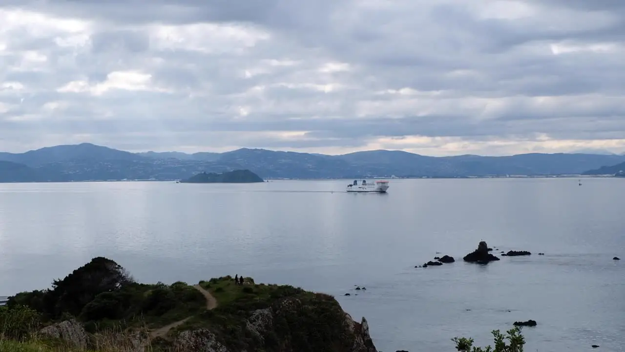 View of Interislander passenger ferry leaving Wellington harbour en-route to Picton in New Zealand Aotearoa