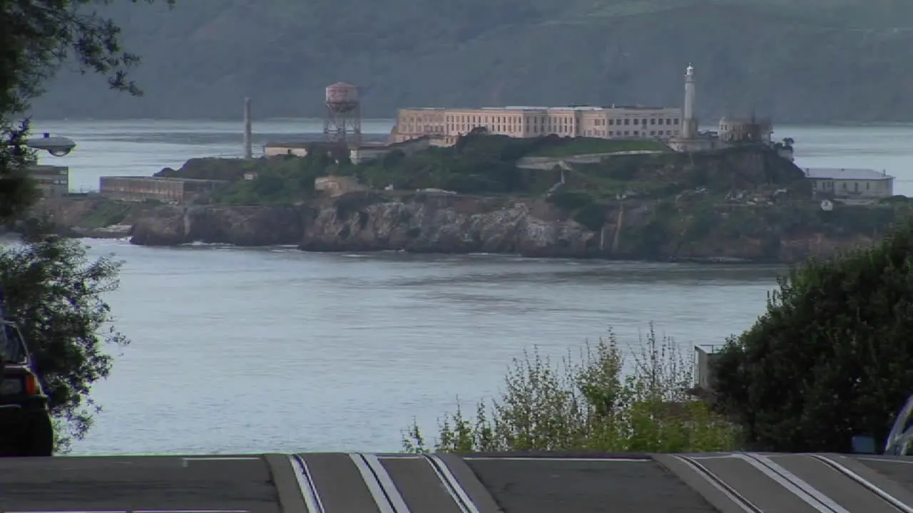 2020 Cars drive past Alcatraz Prison in San Francisco California