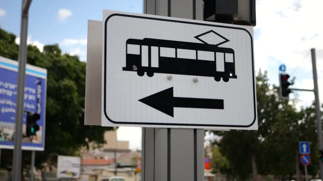 Tram public transportation sign on the street isolated close up view