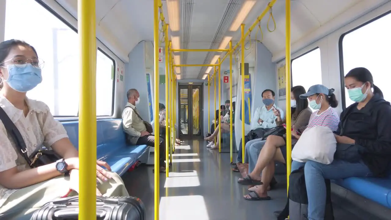 Bangkok Thailand  POV inside the bangkok skytrain system with some passenger wearing mask to protect from COVID19 corona virus