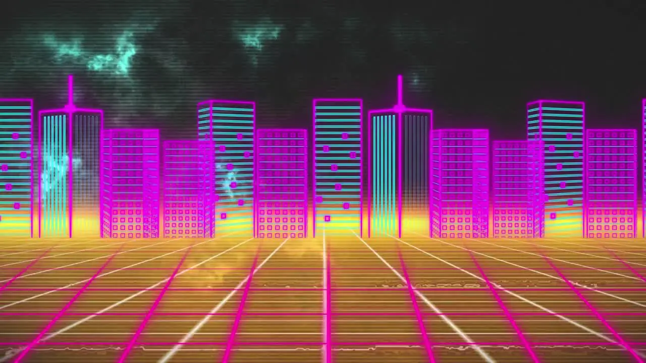 Animation of colorful digital cityscape over moving colorful grid and blue clouds