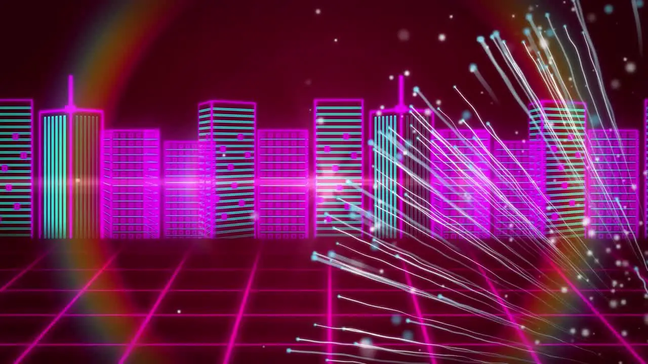 Animation of digital cityscape over white flying light trails on moving red grid