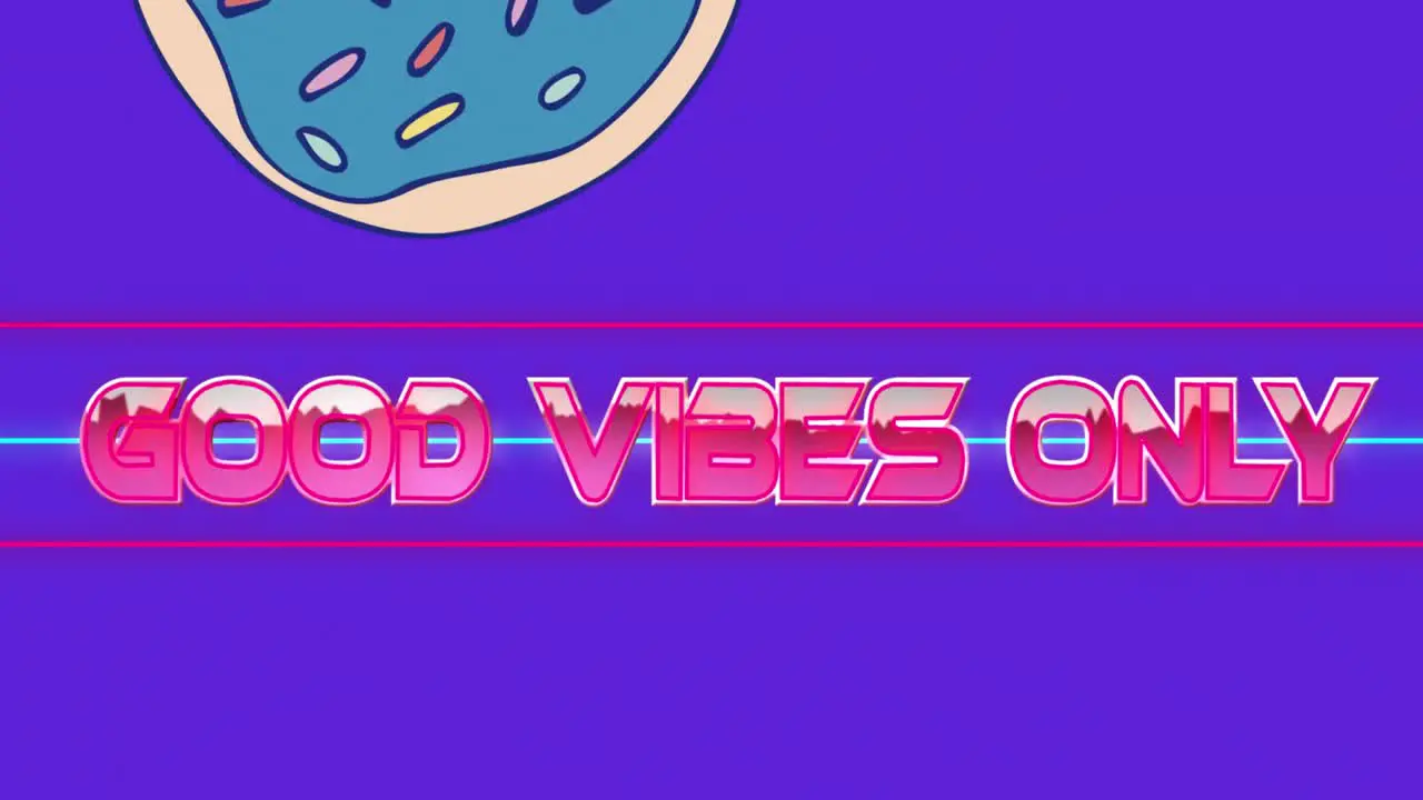 Animation of good vibes only text in pink metallic letters over donuts on purple background